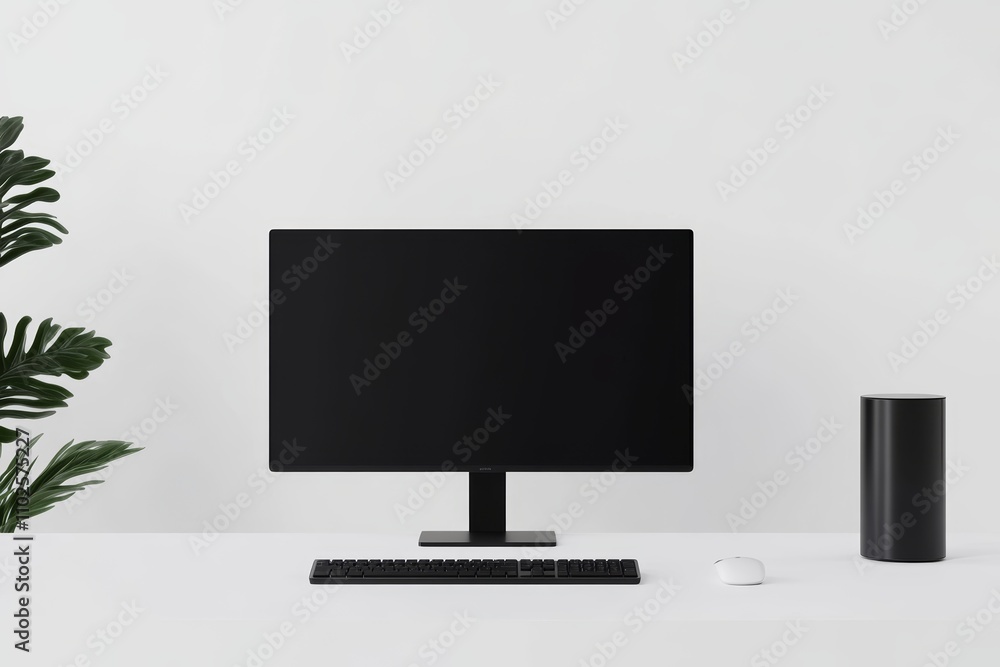 Aufkleber a black computer monitor sits on a desk next to a keyboard and mouse