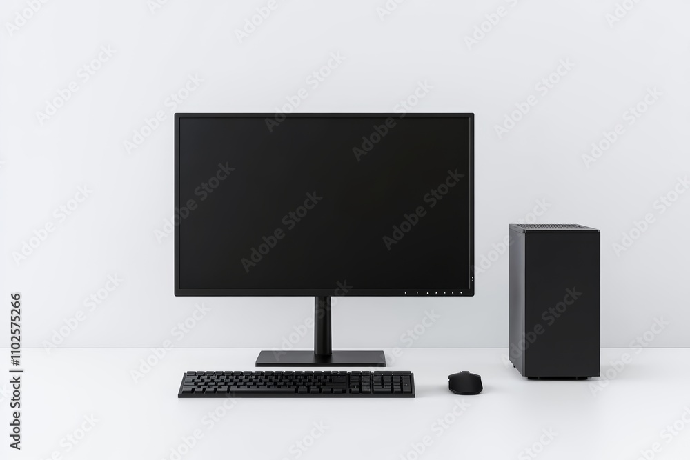 Aufkleber a black computer monitor sits on a white desk next to a keyboard and mouse
