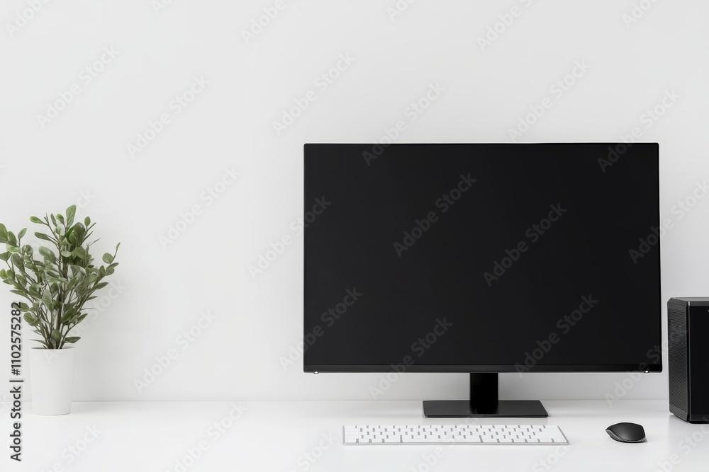 Poster a black computer monitor sits on a desk next to a keyboard and mouse