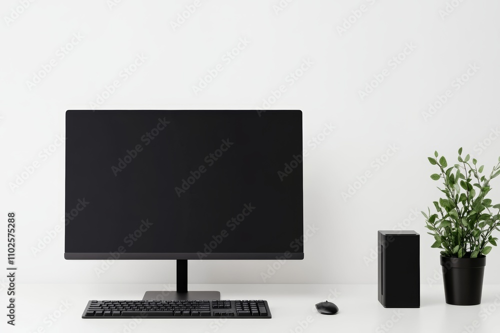 Poster a black computer monitor sits on a desk next to a keyboard and mouse