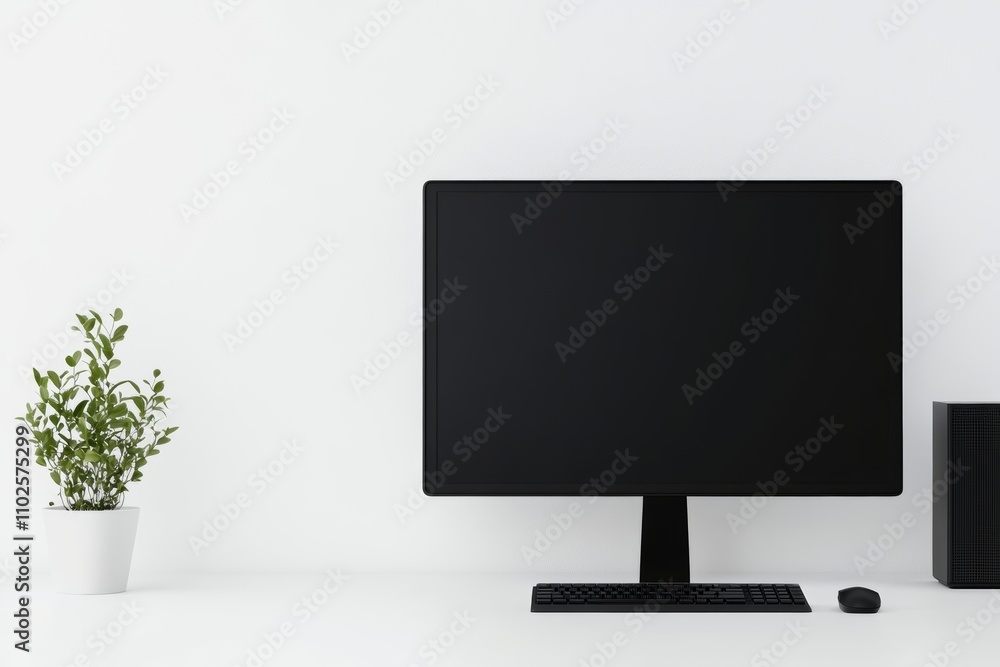 Poster a black computer monitor sits on a desk next to a keyboard and mouse