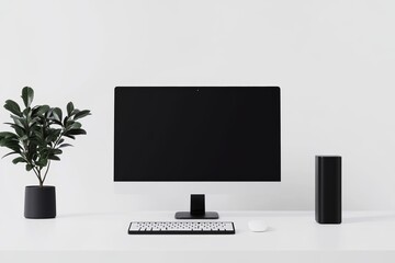 A computer monitor sits on a desk next to a plant and a keyboard