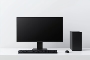 Fototapeta premium A black computer monitor sits on a desk next to a keyboard and mouse