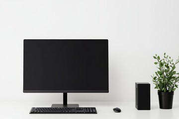 A black computer monitor sits on a desk next to a keyboard and mouse