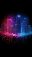 Neon digital cityscape with vibrant blue and pink lights on black background
