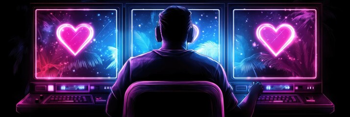 Neon gamer's paradise: exploring love and adventure in a virtual world. Happy Valentine's Day. 14 february.