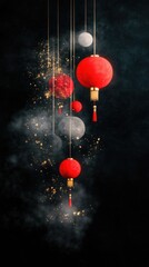 Elegant hanging red lanterns with sparkles and smoke against a dramatic dark background. Happy Chinese New Year