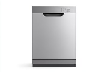A silver dishwasher is sitting on a white background