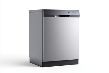 A silver dishwasher with a black base