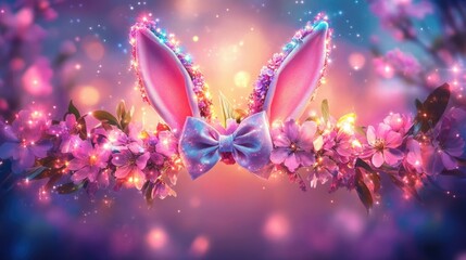 Fototapeta premium Magical floral bunny ears with pink blossoms and sparkling background. Happy Easter