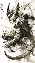 Unique and Striking Art of a Powerful Green Creature in an Action Pose with a Dynamic Background and Detailed Features, Inspired by Fantasy and Adventure Themes