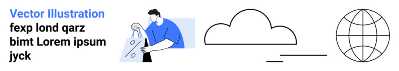 Person typing on laptop, cloud icon, globe with lines. Ideal for tech presentations, remote work, cloud computing, global connectivity, online education digital strategy IT services. Landing page