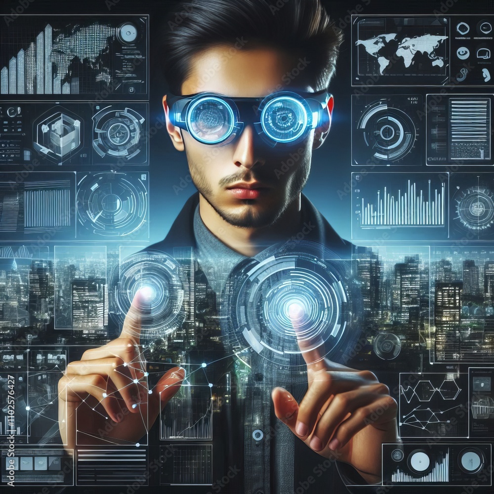 Poster a futuristic data analyst interacts with advanced holographic displays in a high-tech environment, e