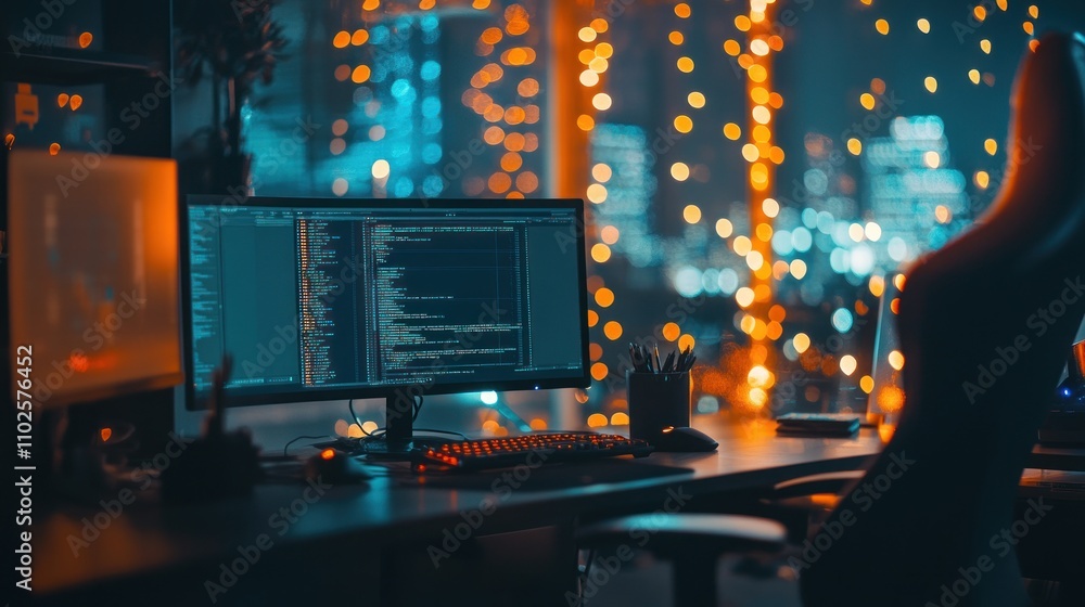 Poster a cozy workspace with computer screens displaying code, illuminated by city lights.
