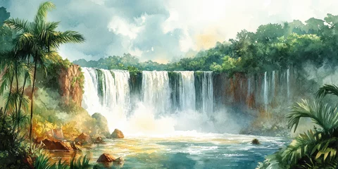 Fototapete Rund Brazilian art style. A serene landscape featuring a majestic waterfall cascading into a tranquil pool, surrounded by lush greenery and misty atmosphere. © Pisahouse