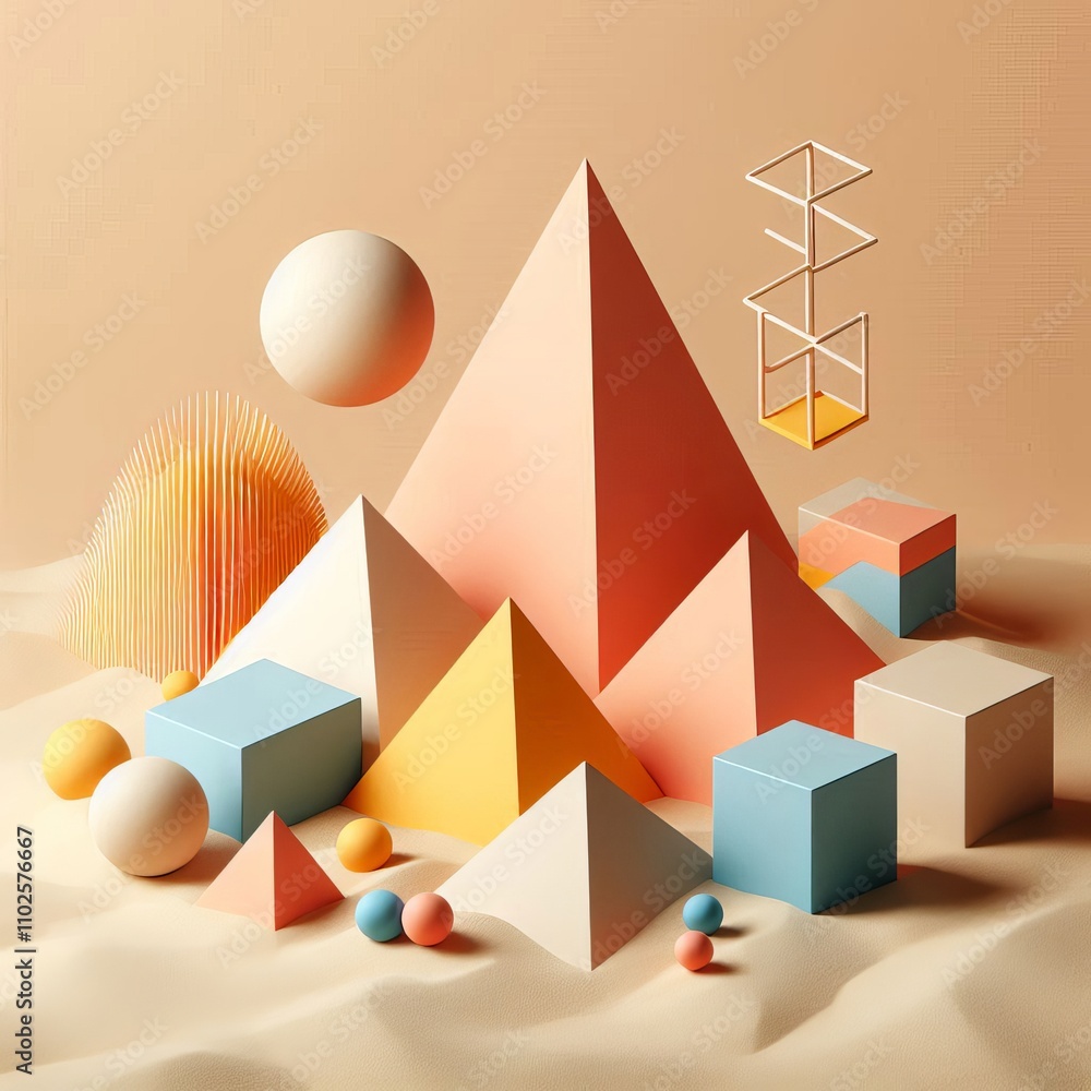 Aufkleber a serene arrangement of pyramids, cubes, and spheres in soft pastel tones creates a calming geometri