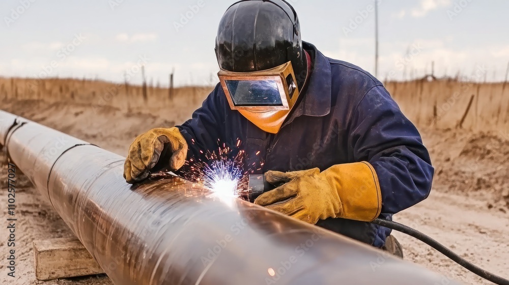 Poster A welder works on a large pipe, creating sparks in an industrial setting.
