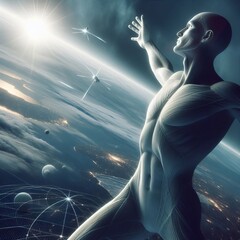 Technology, future and modernism. A person figure with strikes a dramatic pose. 