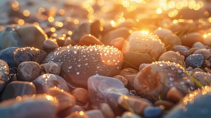 Dew-covered stones glistening in sunrise.