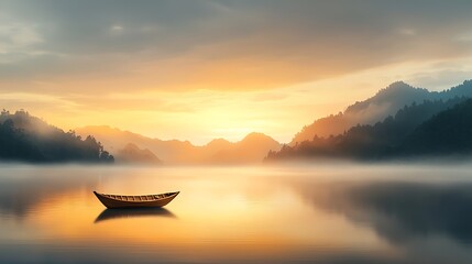 A serene landscape depicting a tranquil lake at sunrise, surrounded by lush green mountains. The water reflects the soft hues of the sky, creating a sense of peace and balance. In the foreground, 
