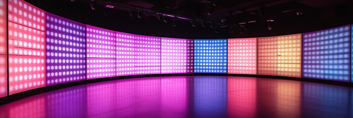 Naklejka premium Authentic concave LED display for a wall or platform. Large TV display depicted in a vector illustration with neon blue and purple dot lights. Stadium digital scoreboard with diode light, Ai