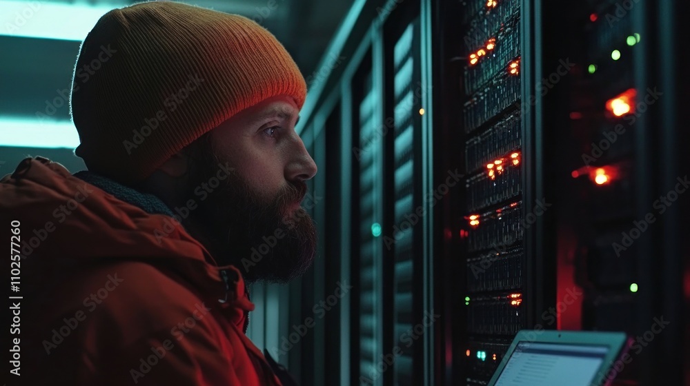 Poster a focused individual working on a server in a dimly lit data center.