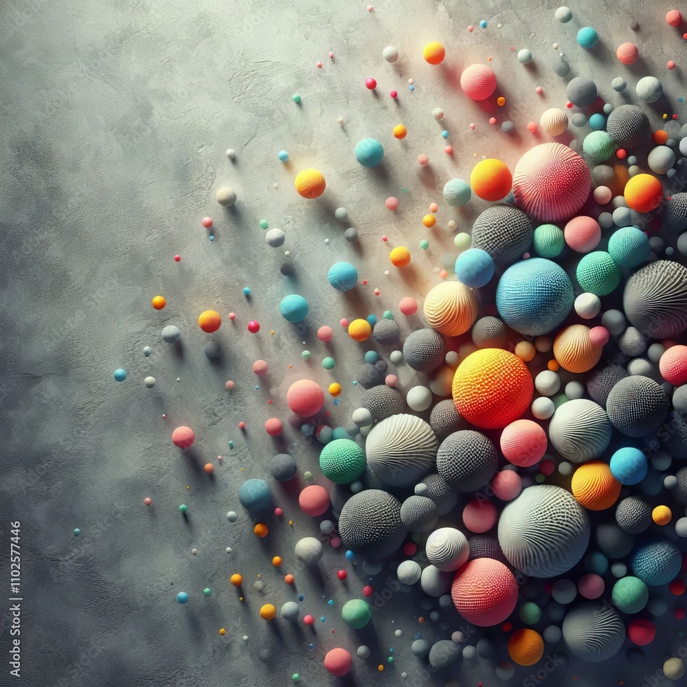 Poster a collection of multicolored and textured spheres scattered on a gray surface creates an intriguing 
