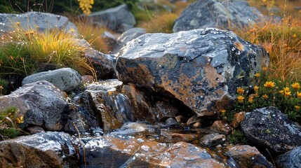 Mountain stream flowing over rocks and plants.