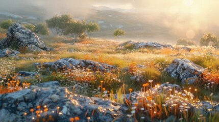 Obraz premium Sunlit meadow landscape with wildflowers, rocks, and distant mountains at sunrise.