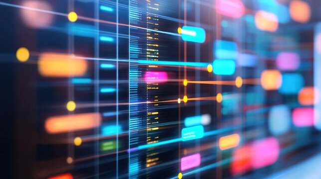 Abstract digital visualization with colorful data lines and nodes, suggesting technology and analysis.