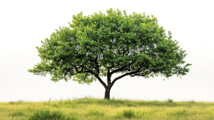 Fototapeta premium Lush green tree on grassy hill, isolated on white background.