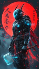 Futuristic Warrior in Armor with a Hammer Against a Red Moon Background, Emitting a Mysterious Glow, Inspired by Cyberpunk and Sci-Fi Themes, Evoking Strength and Power