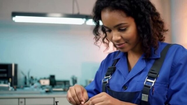 Young electrical engineer apprentice focused on circuit board in modern workshop