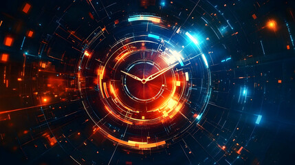 Abstract Digital Clock, Futuristic Timepiece Glowing with Vibrant Orange and Blue Hues, Representing Technological Advancement in Time Measurement.