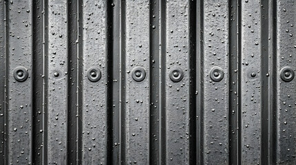 Obraz premium Dark Gray Corrugated Metal Texture Background, Industrial Abstract Surface with Rivets and Water Droplets