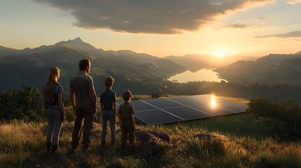 A serene landscape of a solar farm where diverse individuals, including children and adults, are exploring and learning about renewable energy. The scene showcases rows of solar panels under