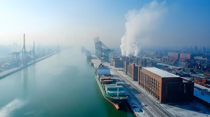 Naklejka premium Container Ship Docks at Industrial Port, Winter