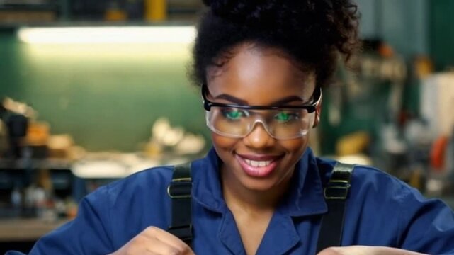 Young electrical engineer apprentice inspecting circuit board in blue work shirt and safety glasses