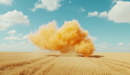 Vibrant Orange Dust Cloud Over Golden Wheat Field Under Bright Blue Sky With Fluffy White Clouds, Nature Landscape, Agriculture, and Atmospheric Beauty