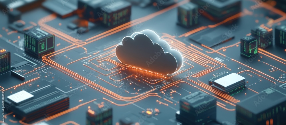 Poster a digital representation of cloud computing on a circuit board.
