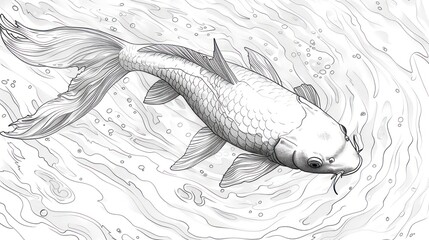Obraz premium Detailed monochrome illustration of a koi fish swimming in water.