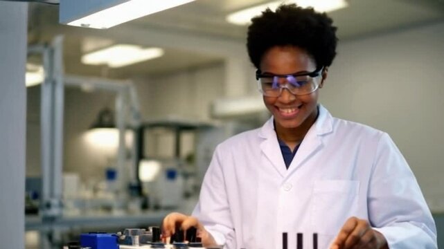 Young electrical engineer apprentice monitoring equipment during start-up in white lab coat and safety glasses