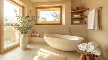 Fototapeta premium Relaxing bathroom with natural light and modern design featuring a freestanding bathtub
