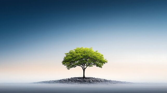 A serene landscape depicting a tree thriving in an unusual environment, symbolizing adaptability in nature. The tree is surrounded by rocks and a dry riverbed, yet it stands tall, with vibrant 