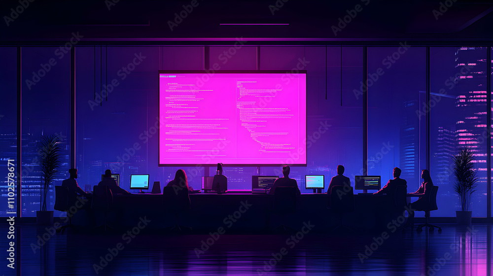 Poster night city coders review code on large screen