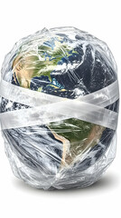 Obraz premium Plastic-Wrapped Earth. A Visual Metaphor for Environmental Crisis
