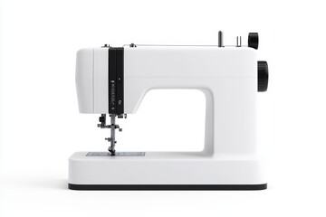 A white sewing machine with a black handle