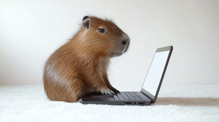 Small, baby capybara at laptop. Cute, funny illustration 