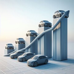 A creative 3D illustration featuring cars ascending a bar graph, symbolizing growth and success in the automotive industry. A concept of financial growth and car market trends. AI generated.