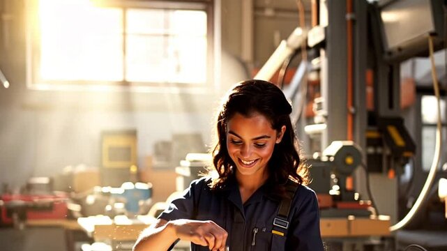 Young electrical engineer apprentice calibrating instrument in sunlit workshop